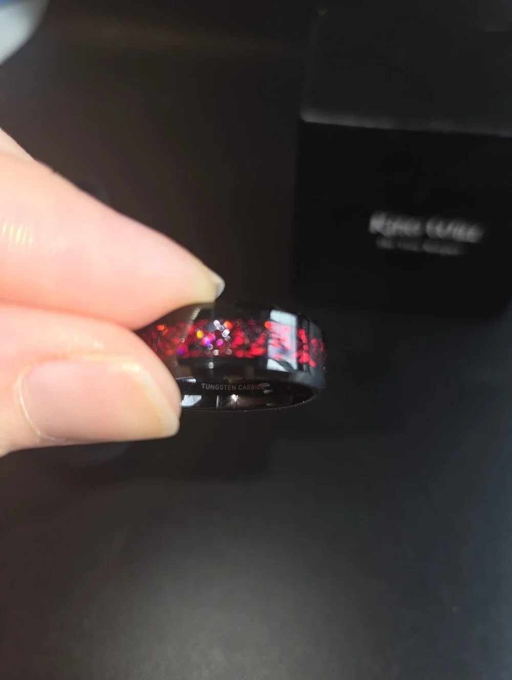 King Will Black Tungsten Carbide Ring Red Crushed Opal Inlay Size 10.5